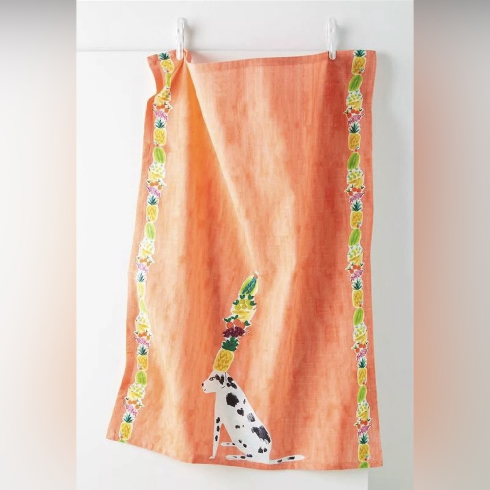 Anthropologie Dalmatian Dog Bastian Fruit Coral Cotton Tea Kitchen Towel New